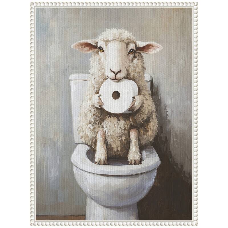 Kate and Laurel Sylvie Cute Sheep Holding Toilet Paper Roll Toilet Bathroom Art Framed Canvas by The Creative Bunch Studio