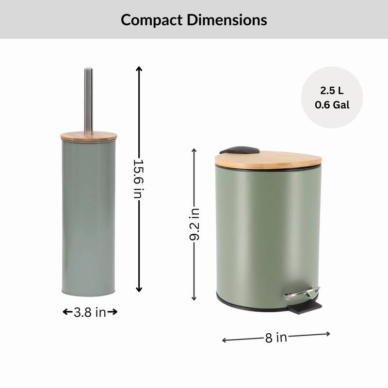 Bathroom Set with Bamboo Lid - Matte Metal Trash Can and Toilet Brush - 15.6" H x 11" L x 11" W