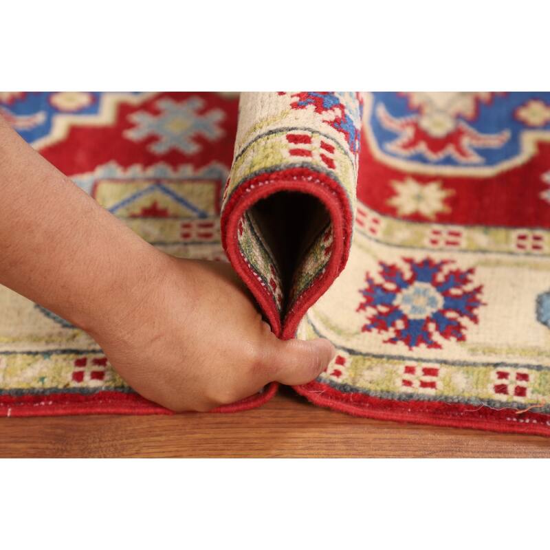 Red Geometric Kazak Oriental Accent Rug Handmade Foyer Wool Carpet - 2'8" x 3'9"
