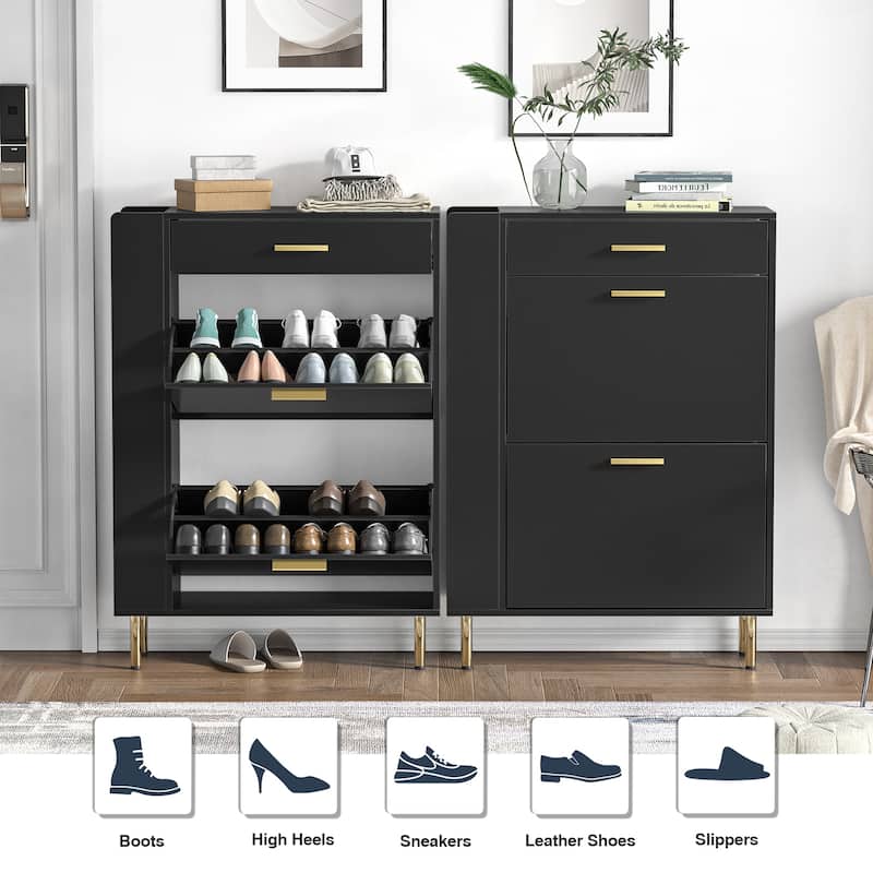 Anmytek 16 Pairs Black Slim Shoe Storage Cabinet Freestanding Shoe Rack Organizer with 2 Flip Drawers for Entryway