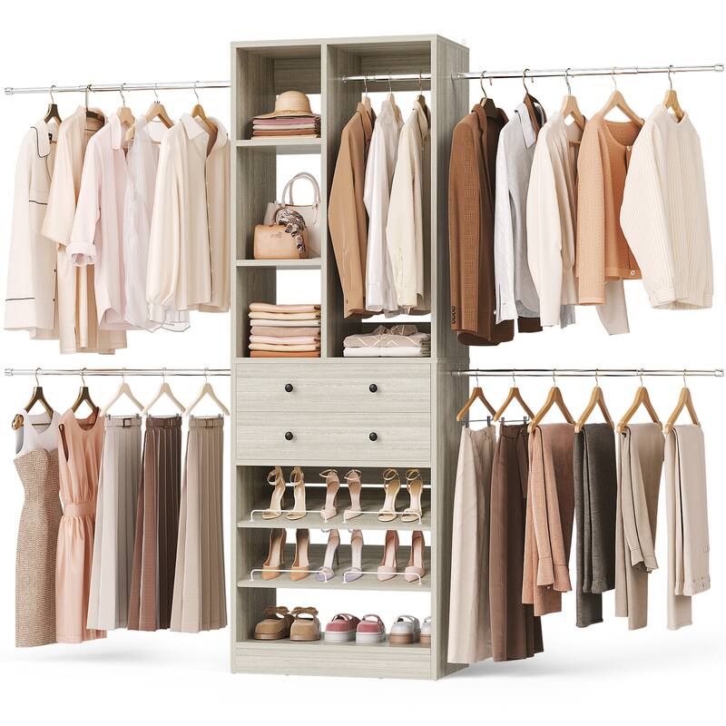 Closet Organizer with 5 Hanging Rods and 2 Drawers, Adjustable Closet System with Shelves and Shoe Rack