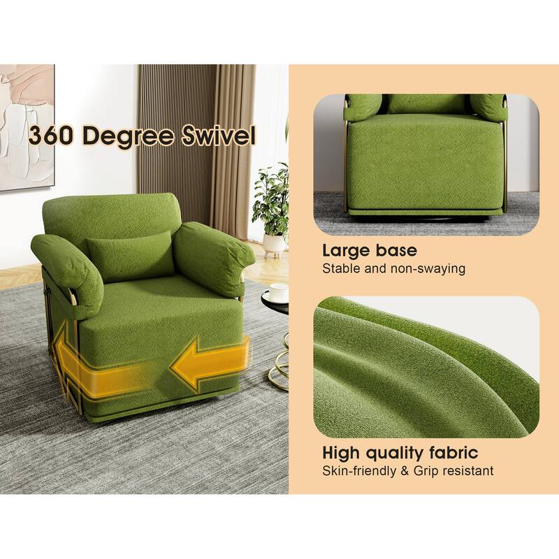360 Degree Square Swivel Fluffy Fabric Lounge Upholstered Reading Chair with Gold Metal Legs, Green