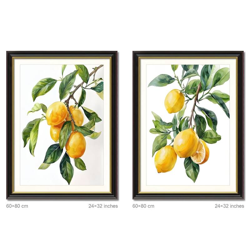 Set of 2 Lemon Botanical Canvas Wall Art - Interchangeable Prints with Solid Wood Frames, Fresh Fruit Artwork for Kitchen