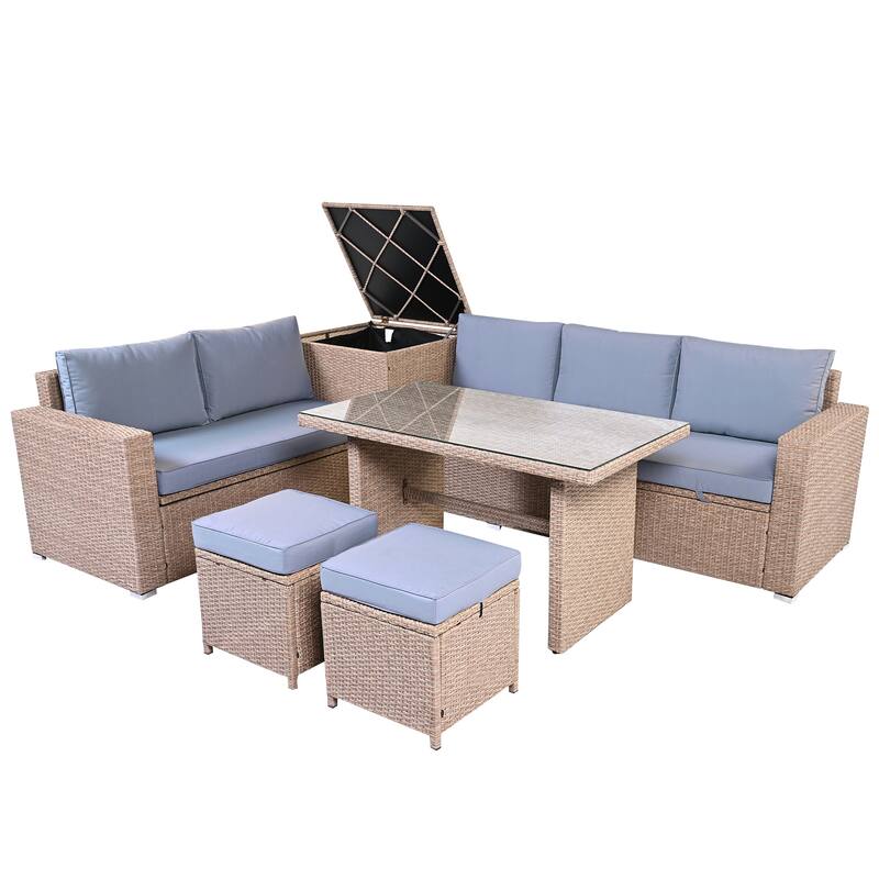 Roomfitters 6-Piece All-Weather PE Rattan Patio Sofa Set with Adjustable Seats, Storage Box and Glass Top Table