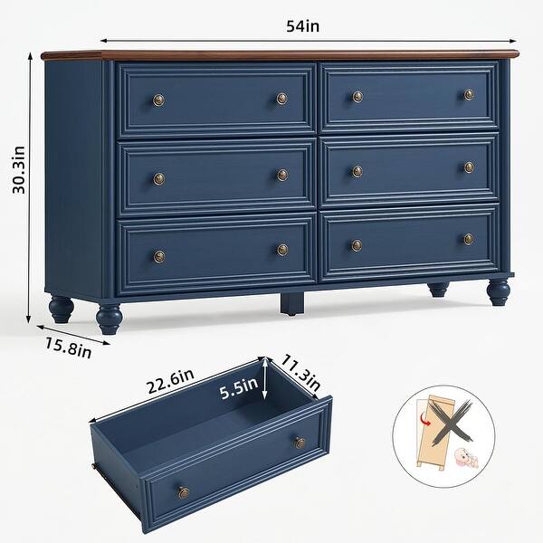 54 Inch Wide Farmhouse Wood Dresser with 6 Drawers and Metal Handles ...