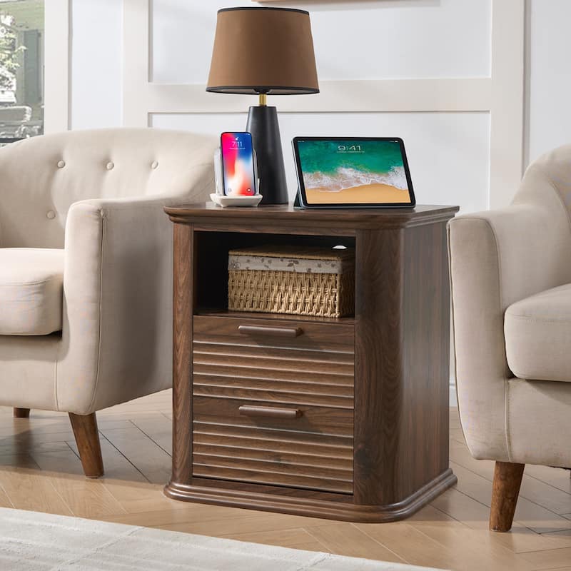 Modern End Table with 2 Drawers & Open Storage - Walnut