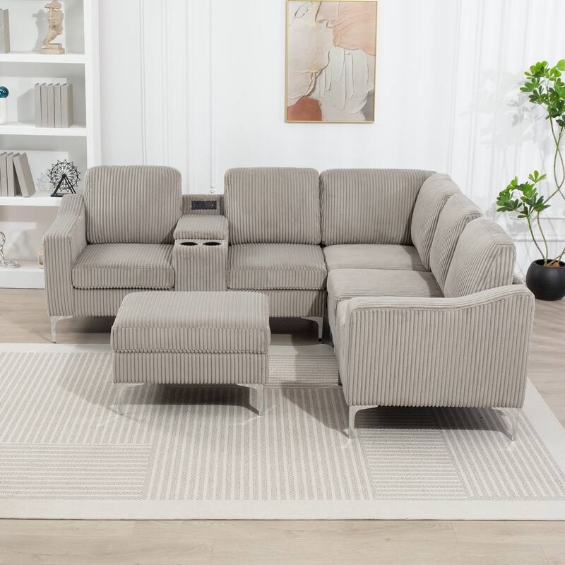 Modular L-Shaped Corduroy Sectional Sofa with USB Ports, Storage Ottoman and Cup Holders for Living Room Apartment