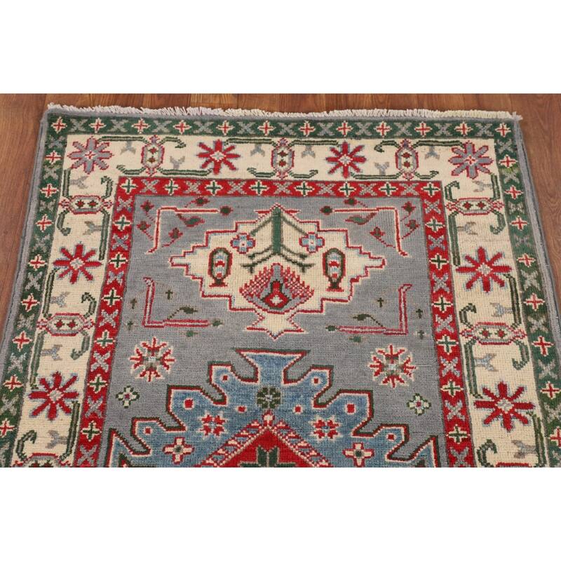 Gray Geometric Kazak Oriental Accent Rug Handmade Bedroom Wool Carpet - 2'9" x 4'0"
