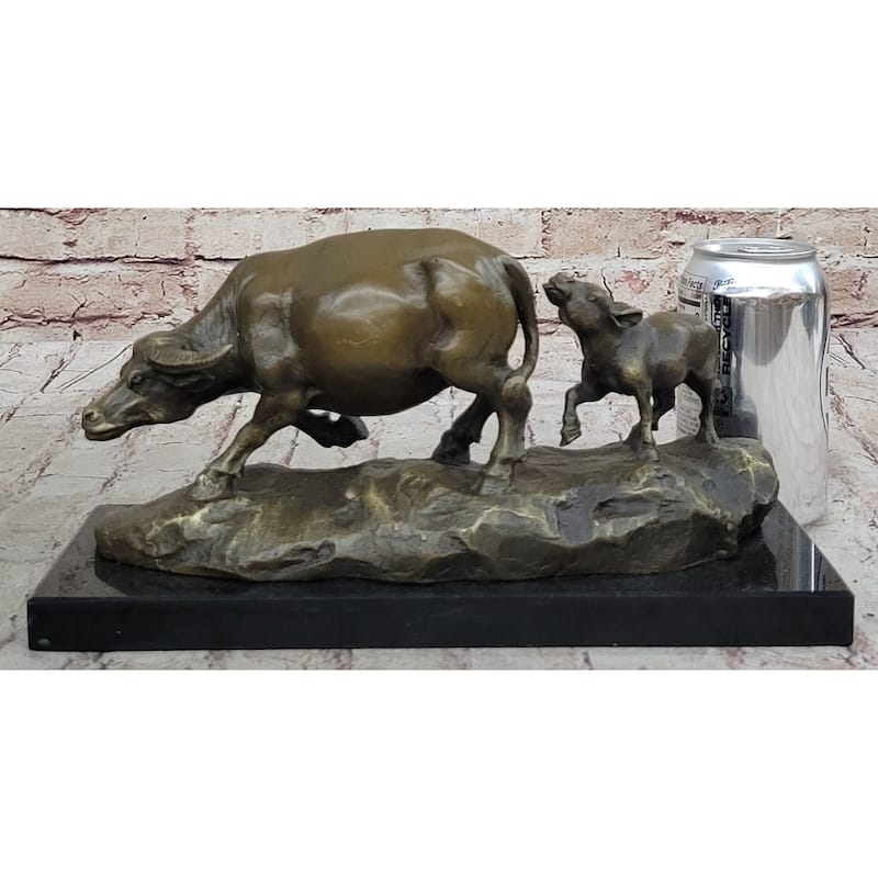 Mother Buffalo Calf Bronze Sculpture – Timeless Pastoral Artwork On Marble Base