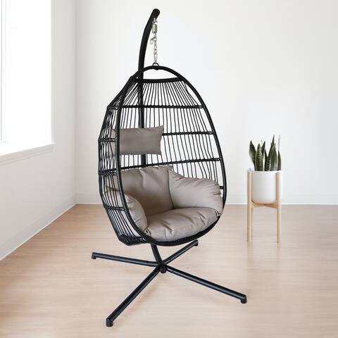 Hanging Egg Chair with Stand Outdoor Patio Swing Egg Chair Indoor Folding Egg Chair, Waterproof Cushion