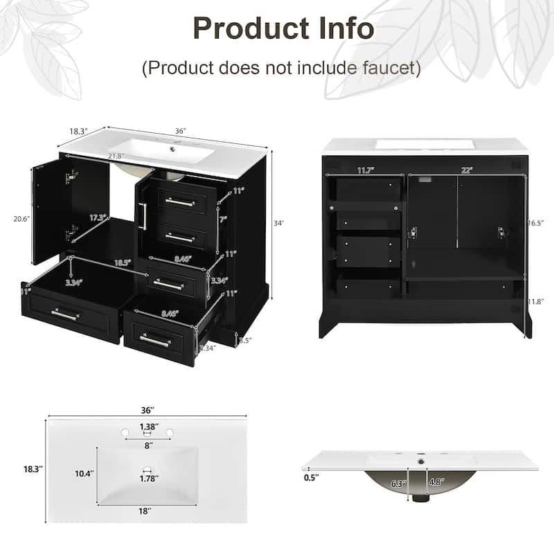 36" Traditional Bathroom Vanity with Ceramics Sink and 4 Drawers