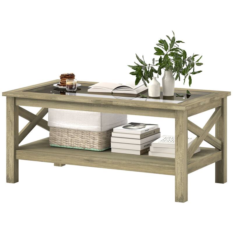 Coffee Table with Tempered Glass Top and Storage Shelf Modern Living Room Furniture - 39.25'' L x 21.75'' W x 17.75'' H - Grey