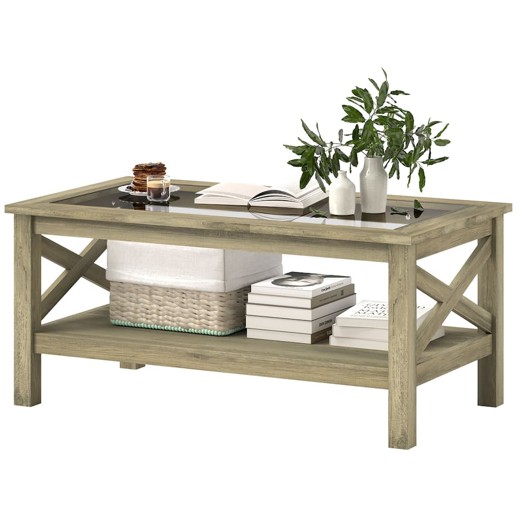 Coffee Table with Tempered Glass Top and Storage Shelf Modern Living Room Furniture - 39.25'' L x 21.75'' W x 17.75'' H