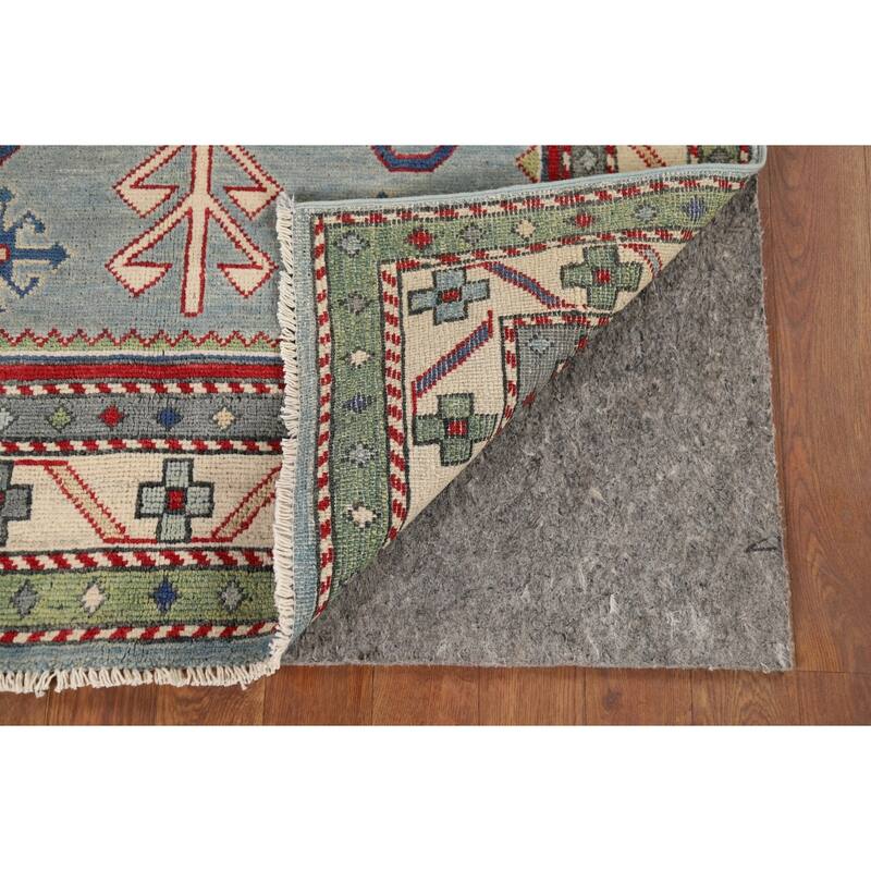 Light Blue Geometric Kazak Accent Rug Handmade Wool Carpet - 3'3" x 4'11"