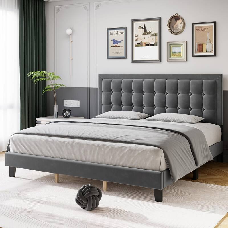 Upholstered Platform Bed Frame with Button Tufted Headboard and Wooden Slats