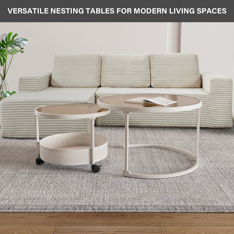 Meyreso Round Tempered Glass Nesting Coffee Tables with Metal Frame