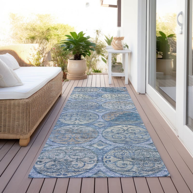 Machine Washable Indoor/ Outdoor Chantille Vintage Medallions Rug - Blue - 2'3" x 7'6"