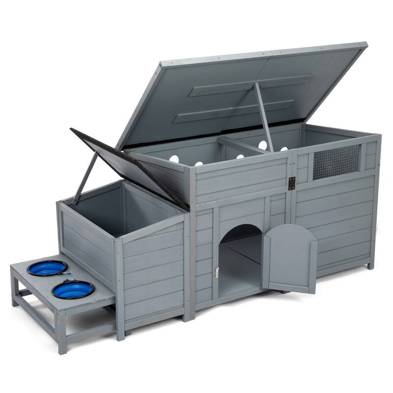 Wood Dog House, Outdoor Dog Kennel with Food Bowls, Storage Box, Vents, Openable Roof, Dog Pet Playpen Cage