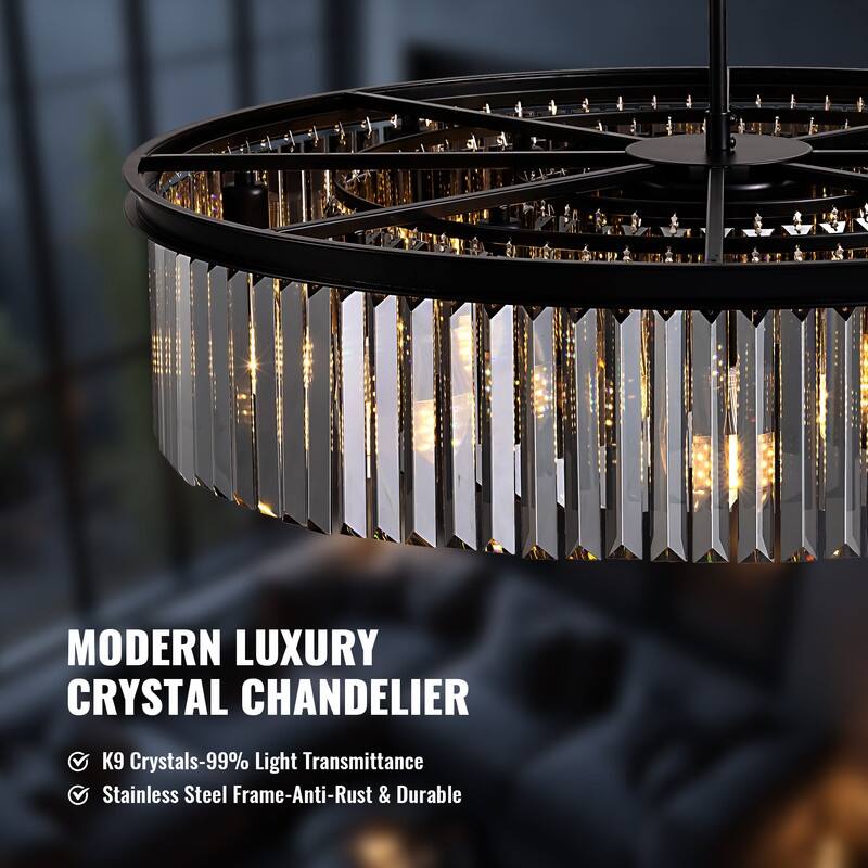30-inch Smoky Gray Round Chandelier 2-Tier Modern Crystal Chandelier Kitchen Island Pendant Light for Dining Room Bedroom