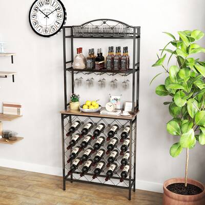 Industrial Wine Rack Three Layer Wine Bottle and Glass Rack, Metal and Wooden Wine Storage Rack