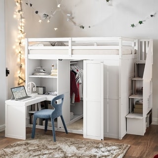 Full Size Loft Bed with Foldable Door Panels Wardrobe,Desk and Cabinets