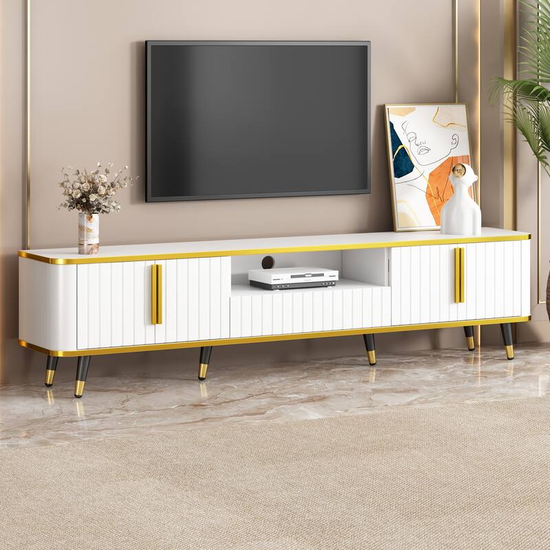 Elegant 79-Inch TV Stand with Ample Storage, Golden Elements, and Sleek Design - Ideal for Large Living Spaces. - White+Gold
