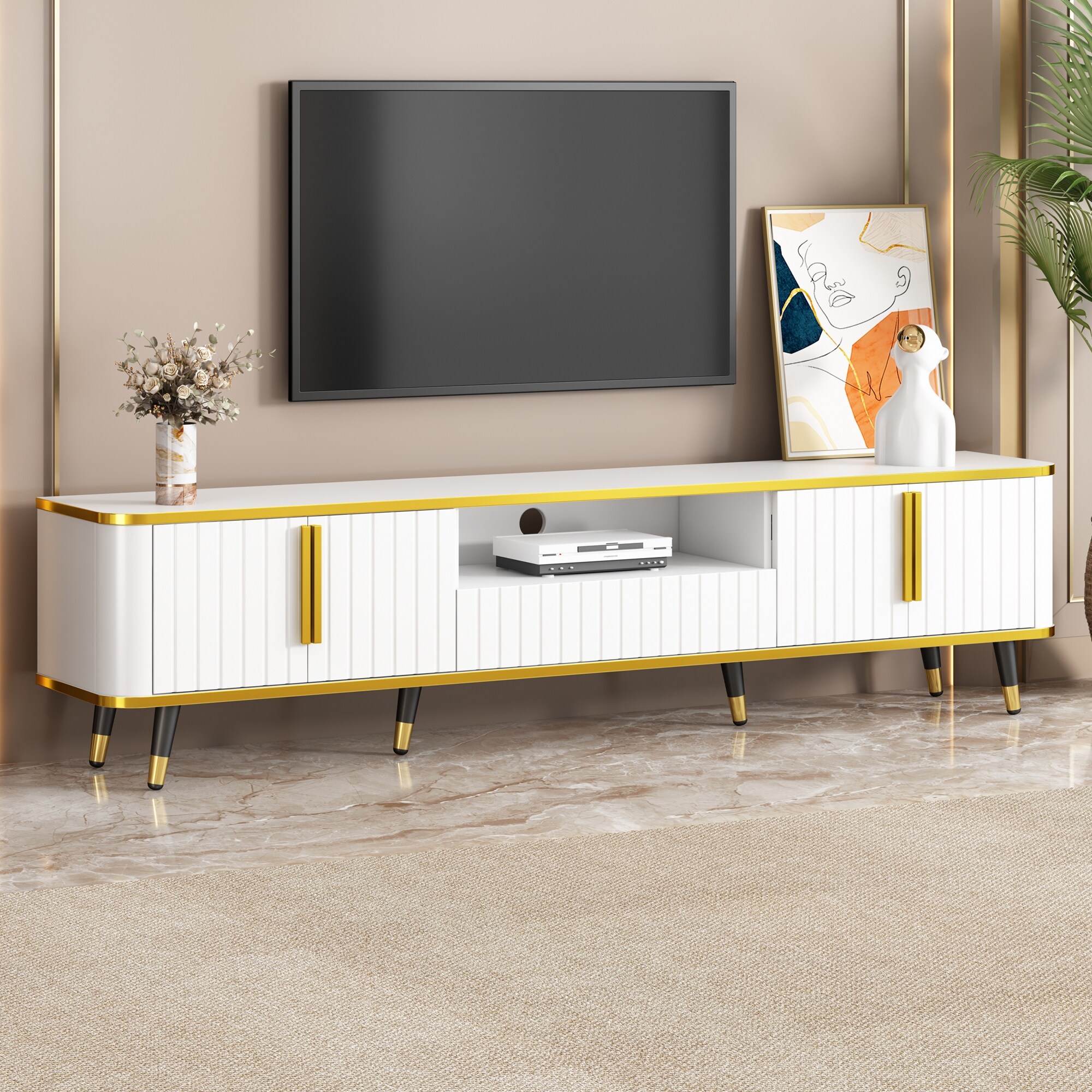 Modern 79 Inch TV Stand with Gold Accents 2 Cabinets Drawer and Open Shelf Cable Management Included