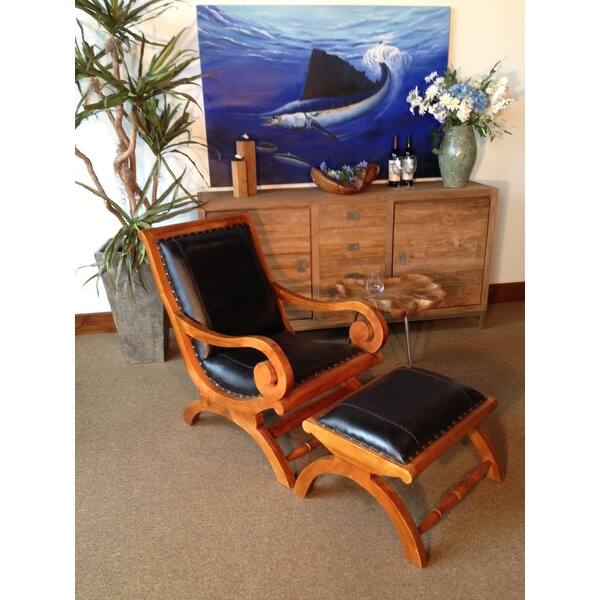 Chic Teak Waxed Teak And Leather Bahama Lazy Chair With Ottoman Overstock 31837185
