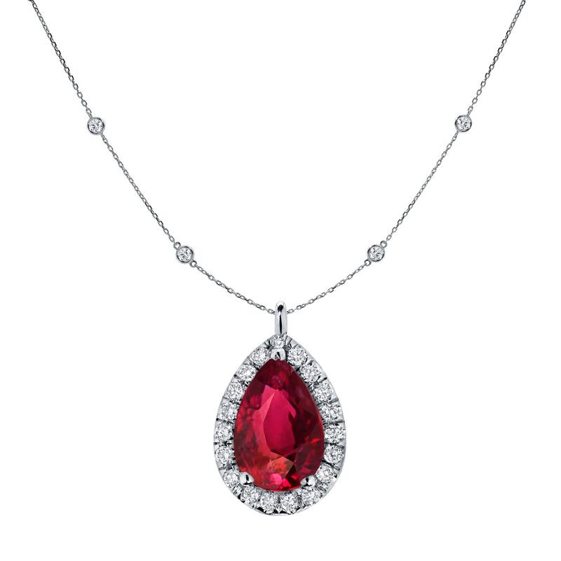 Auriya 14k Gold 1ct Pear-cut Ruby and Halo Diamond Chain Station Necklace 1 3/5ct TDW - White