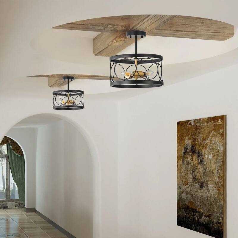 Farmhouse 3-Light Openwork Metal Drum Shade Semi-Flush Mount Ceiling Light