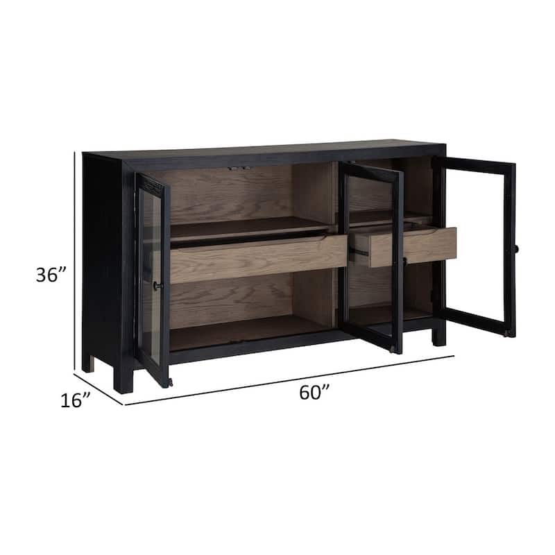 Liam 60 Inch Sideboard Accent Cabinet, 3 Glass Door, Gray and Black Wood