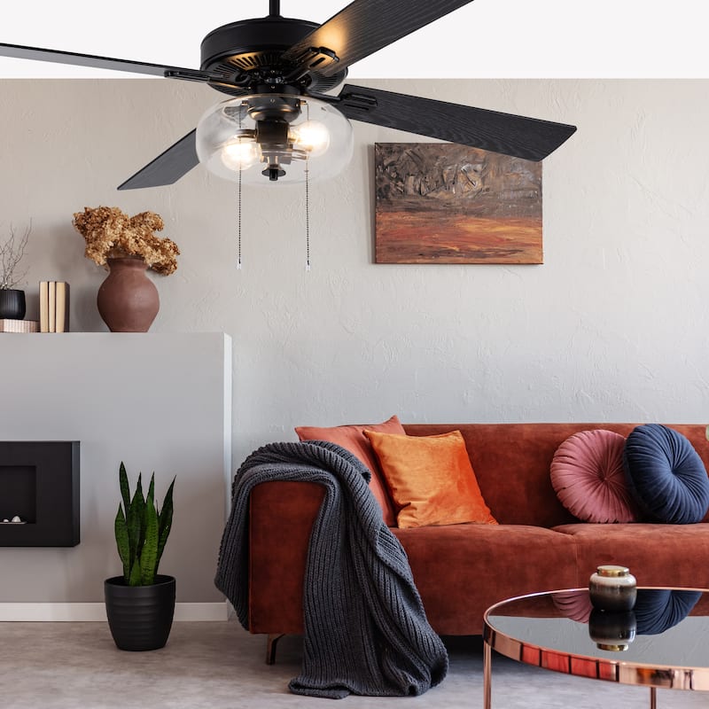 Aya River of Goods Black Metal and Glass 52-Inch Ceiling Fan with Light - 52" x 52" x 13.5"/18.5"