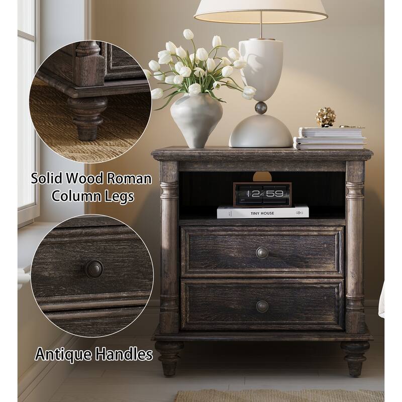 Farmhouse Nightstand Set of 2 with Solid Wood Feet, Charging Station