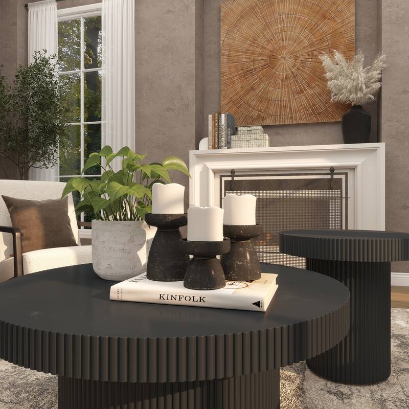 Black Wood Short Wide Distressed Decorative Candle Holder (Set of 3)