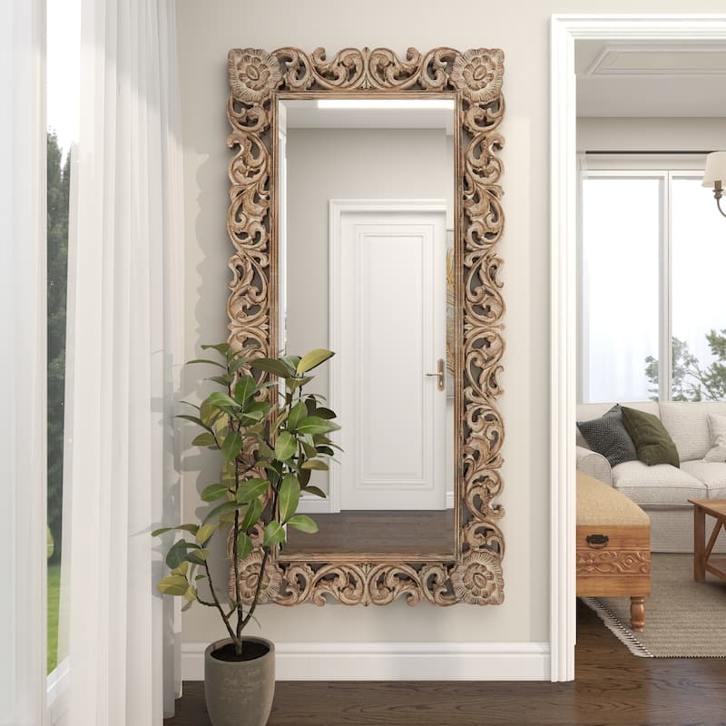 Light Brown Mango Wood Intricately Carved Floral Room Wall Mirror
