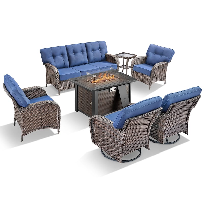TWrap Wicker Patio Iron Fire Pit Conversation Set with 3-Seat Sofa & Swivel Gliders & Armchairs