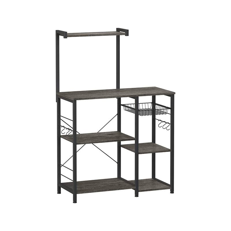 Kitchen Microwave Oven Stand Shelf with Wire Basket and 6 S-Hooks - 35.4"L x 15.7"W x 52"H - Charcoal-Grey-Ink-Black