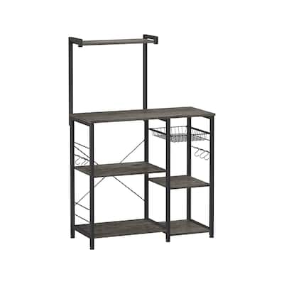 Kitchen Microwave Oven Stand Shelf with Wire Basket and 6 S-Hooks - 35.4"L x 15.7"W x 52"H