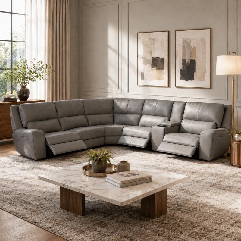 6PCS, 3 power Recliners, Leather Reclining Sectional with Wireless Charge & Pop-Out Cup Holders