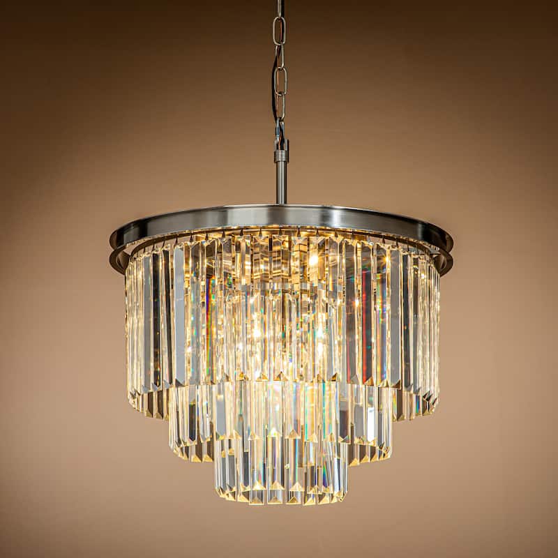 6-Lights Mid-Century Modern 3-Tier Round Fringe Crystal Chandelier - Satin Nickel
