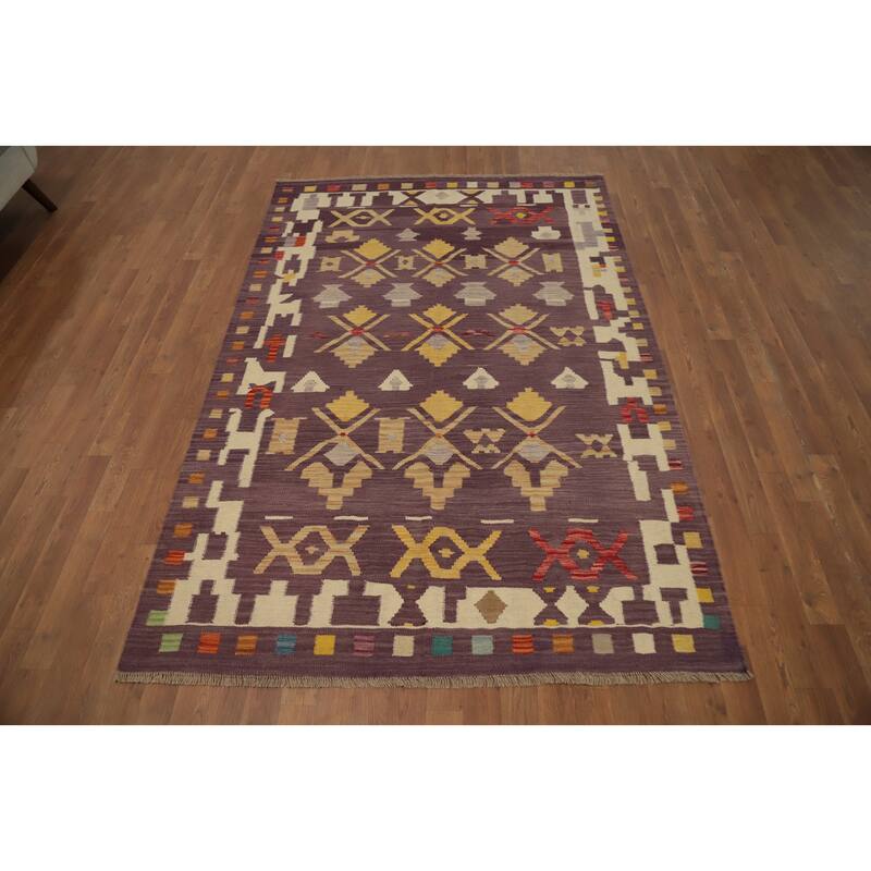 Hand Woven Oriental 100% Wool Carpet Southwestern Tribal Purples Kilim Area Rug - 7' 3'' X 4' 11''