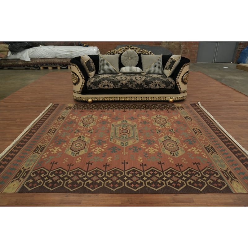 Hand Woven Oriental 100% Wool Carpet Southwestern Tribal Oranges & Rust Kilim Area Rug - 9' 9'' X 7' 9''