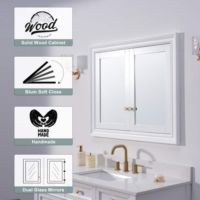 32''H Recessed Mount Solid Wood Framed Medicine Cabinet With Mirror and Shelves