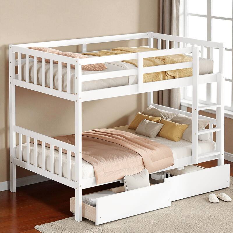 Twin Over Twin Rubber Wood Bunk Bed with 2 Drawers, Convertible into 2 Twin Beds, Ladder and Safety Guardrails - White - Twin