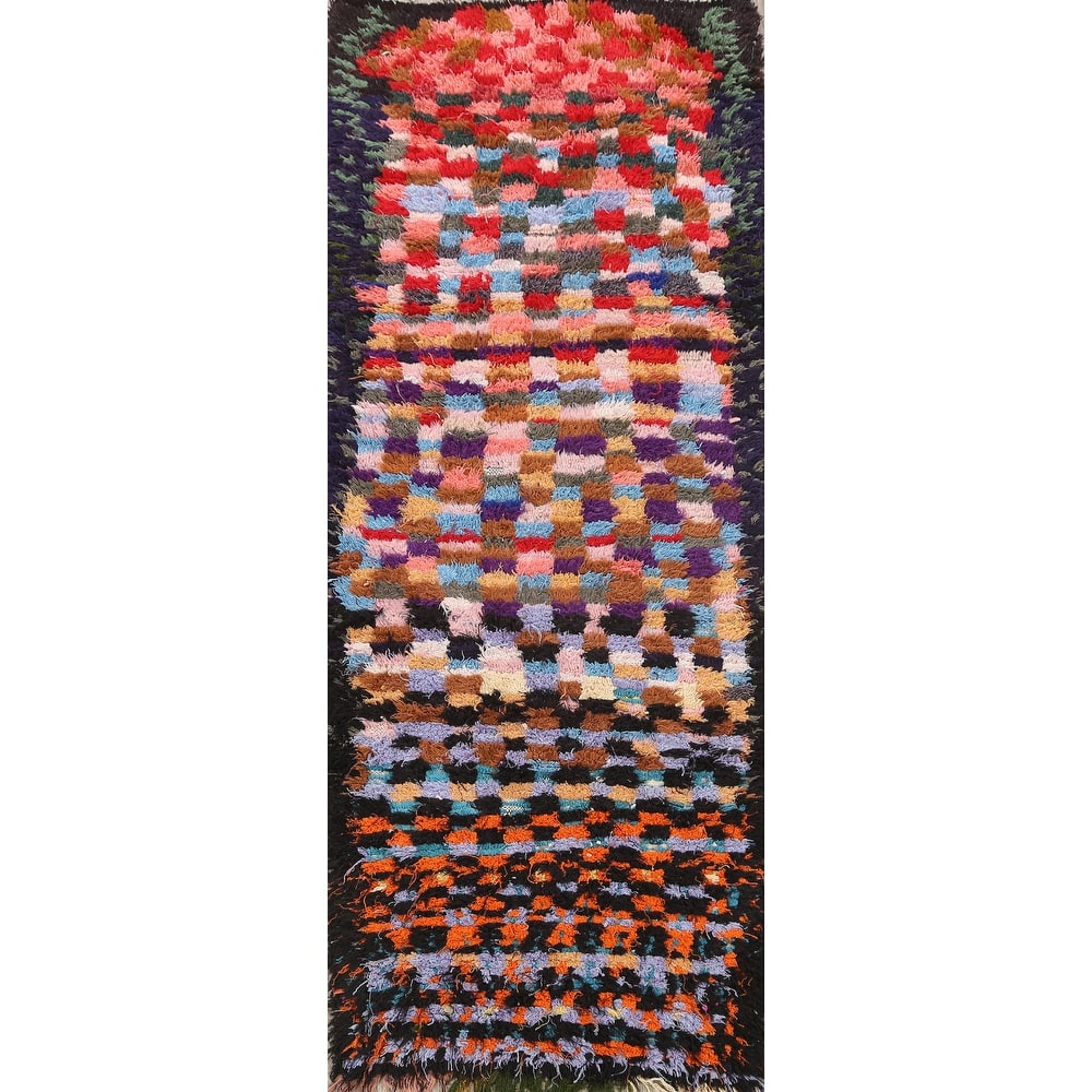 Vintage Checkered Moroccan Oriental Runner Rug Wool Hand-knotted - 3'5" x 8'7"