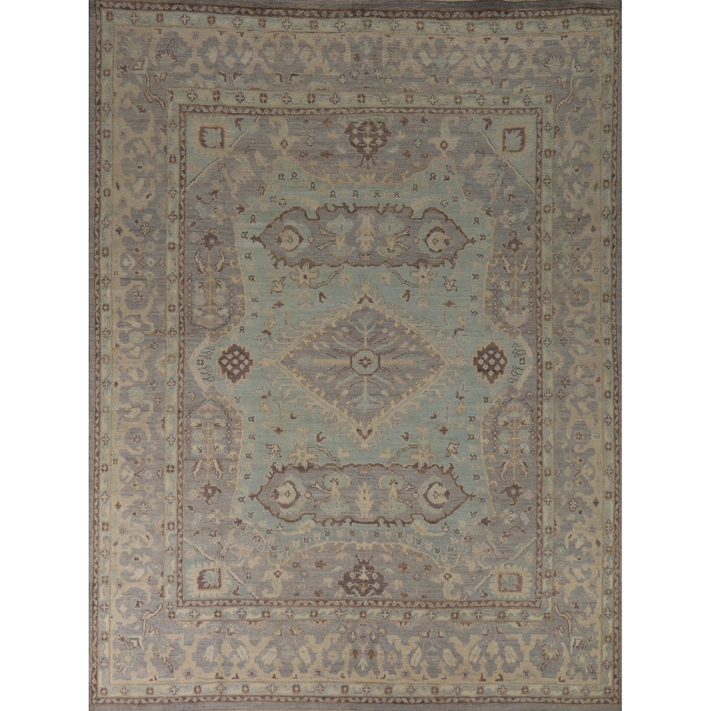 Hand Knotted Oriental 100% Wool Carpet Transitional Floral Navy Blue & Blues Oushak Area Rug - 9' 5'' X 8' 3''