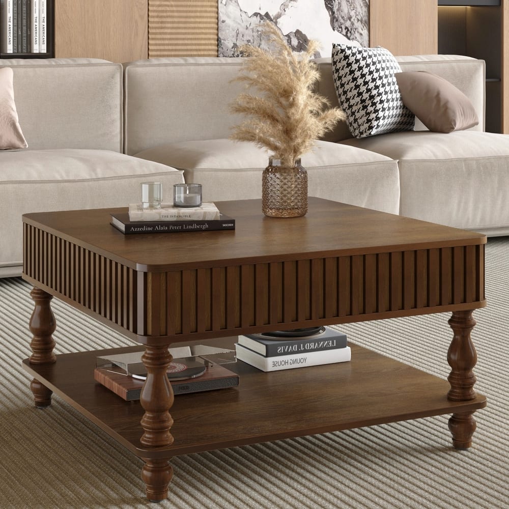 31.5 Inch Square Fluted Lift-Top Coffee Table with Hidden Open Storage