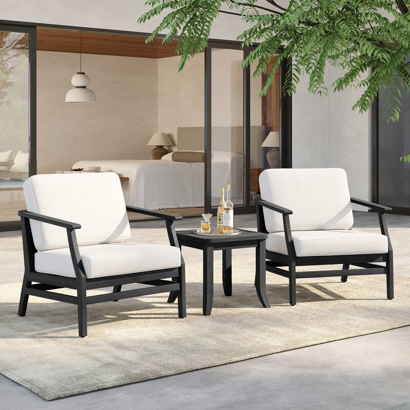 3 Set Outdoor Teak Wood Club Chairs with Side Table - BlackFrame-Beige