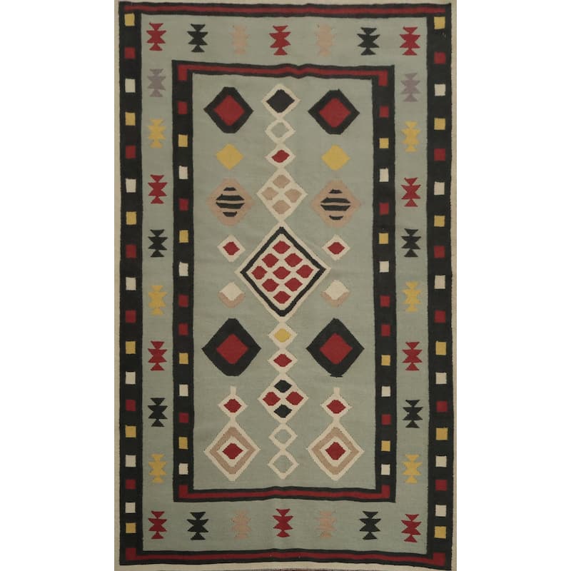 Hand Woven Oriental 100% Wool Carpet Southwestern Modern Green Kilim Area Rug - 8' 0'' X 5' 1''