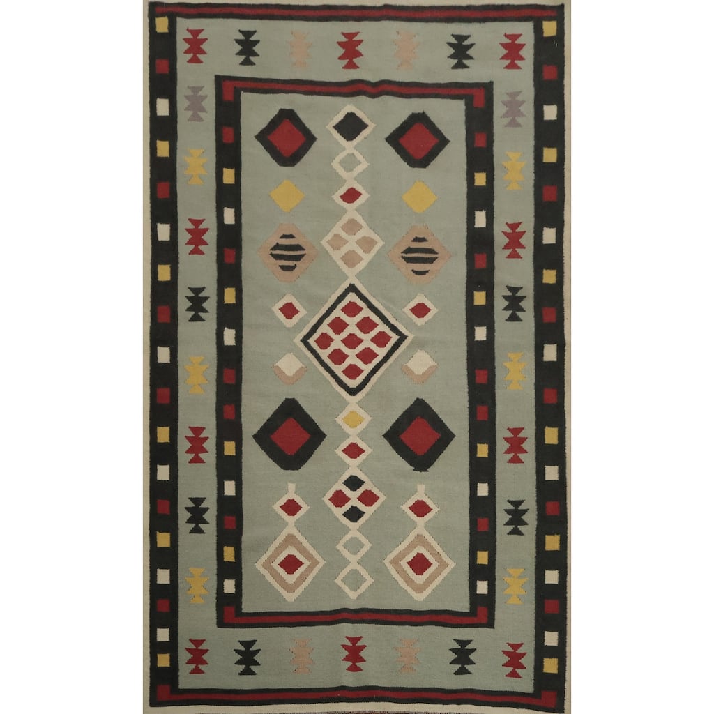 Hand Woven Oriental 100% Wool Carpet Southwestern Modern Green Kilim Area Rug - 8' 0'' X 5' 1''